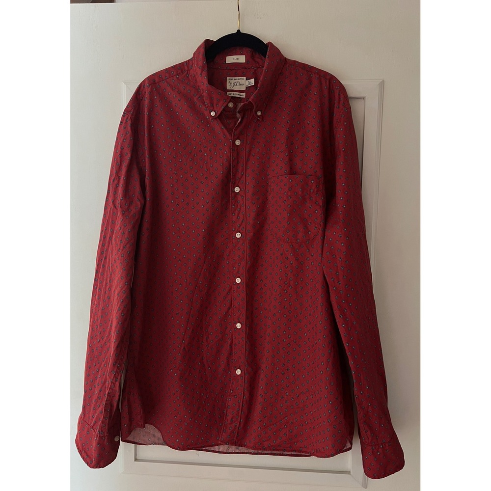 J.Crew Mens Secret Wash Slim Fit Shirt XL Red Blue Diamond Geometric 100s Cotton